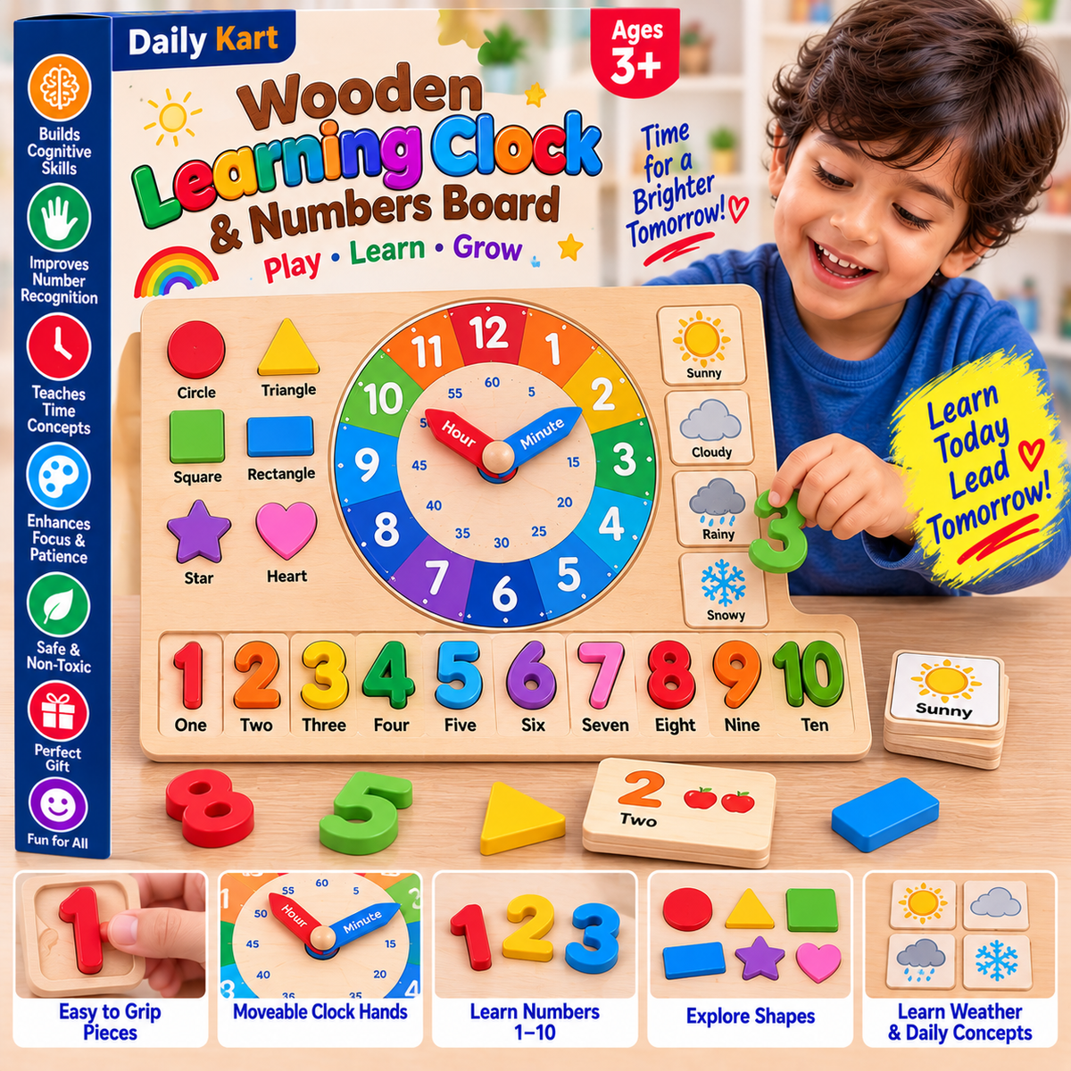 Wooden Learning Clock & Numbers Board